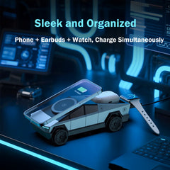 Cyberpunk Pickup Truck Model 3-in-1 Wireless Desktop Charger – Multi-Functional Phone, Watch & Earbuds Charging Station