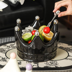 Crown Ceramic Fruit Bowl with 6 Dessert Picks – Decorative Snack & Appetizer Holder, Elegant Table Centerpiece