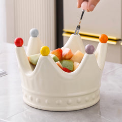 Crown Ceramic Fruit Bowl with 6 Dessert Picks – Decorative Snack & Appetizer Holder, Elegant Table Centerpiece