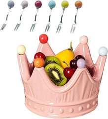 Crown Ceramic Fruit Bowl with 6 Dessert Picks – Decorative Snack & Appetizer Holder, Elegant Table Centerpiece
