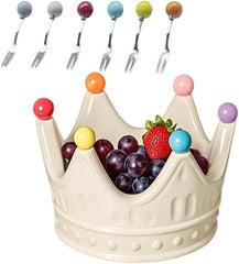 Crown Ceramic Fruit Bowl with 6 Dessert Picks – Decorative Snack & Appetizer Holder, Elegant Table Centerpiece