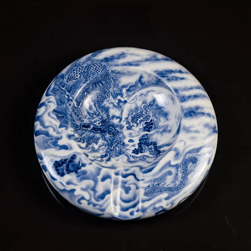 LUXCIG Imperial Dragon Ceramic Cigar Ashtray, Antique Blue & White Style and Hand-Painted Porcelain from Traditional Tang Craftsmanship