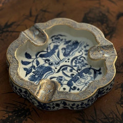 LUXCIG Jingdezhen Blue & White Love Ashtray – Gilded Ceramic with Hand-Painted Mandarin Ducks，It represents love and is the perfect gift for husbands and boyfriends.