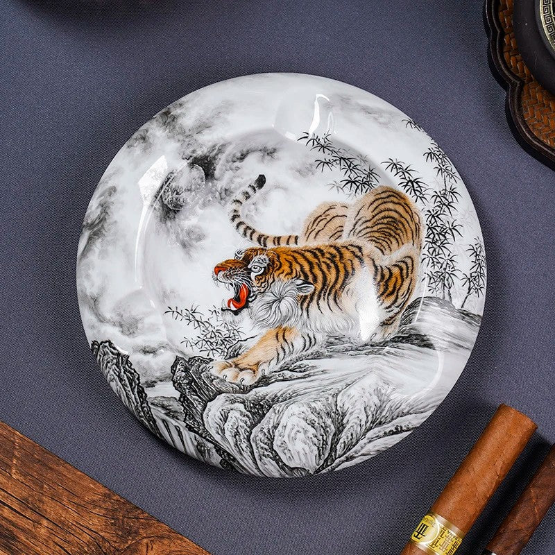 LUXCIG Imperial Tiger Porcelain Cigar Ashtray – Tang-Inspired Hand-Painted Ceramic Art, Hand-Painted Ceramic Masterpiece for Collectors