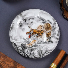 LUXCIG Imperial Tiger Porcelain Cigar Ashtray – Tang-Inspired Hand-Painted Ceramic Art, Hand-Painted Ceramic Masterpiece for Collectors