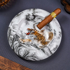 LUXCIG Imperial Tiger Porcelain Cigar Ashtray – Tang-Inspired Hand-Painted Ceramic Art, Hand-Painted Ceramic Masterpiece for Collectors