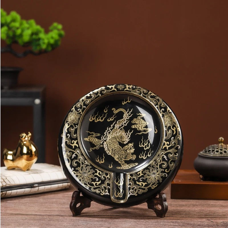 LUXCIG Majestic Gold Tiger Cigar Tray – Jingdezhen Handmade Porcelain for Connoisseurs, Premium Chinese Ceramic Gift for Men