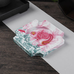 LUXCIG Dragon Face Ceramic Ashtray – Artisan Ruby-Red Jingdezhen Porcelain for Cigar Use