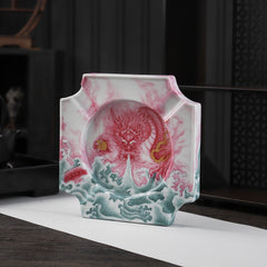 LUXCIG Dragon Face Ceramic Ashtray – Artisan Ruby-Red Jingdezhen Porcelain for Cigar Use