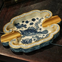 LUXCIG Luxury Hand-Painted Porcelain Ashtray – Artistic Irregular Design with Gold Rim & Aquatic Theme