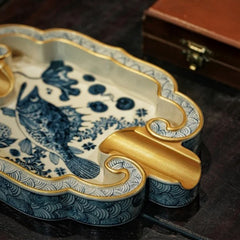 LUXCIG Luxury Hand-Painted Porcelain Ashtray – Artistic Irregular Design with Gold Rim & Aquatic Theme